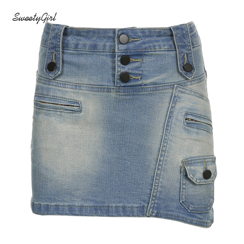 Chân váy jean Lưng Thấp Phối Nút Màu Sắc Đơn Giản Quyến Rũ 2022