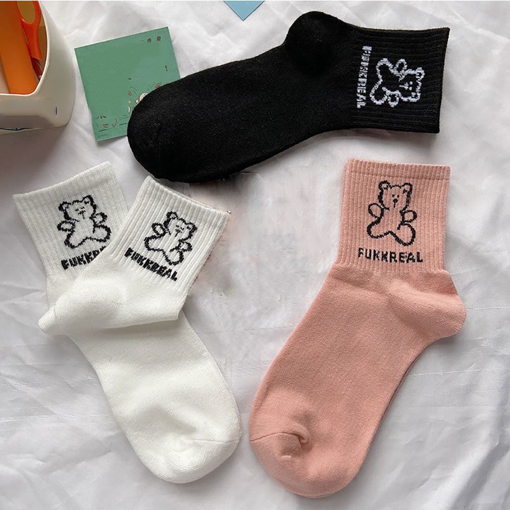 Vớ cotton co giãn thoáng khí in hình gấu hoạt hình đáng yêu phong cách Hàn Quốc cho nữ