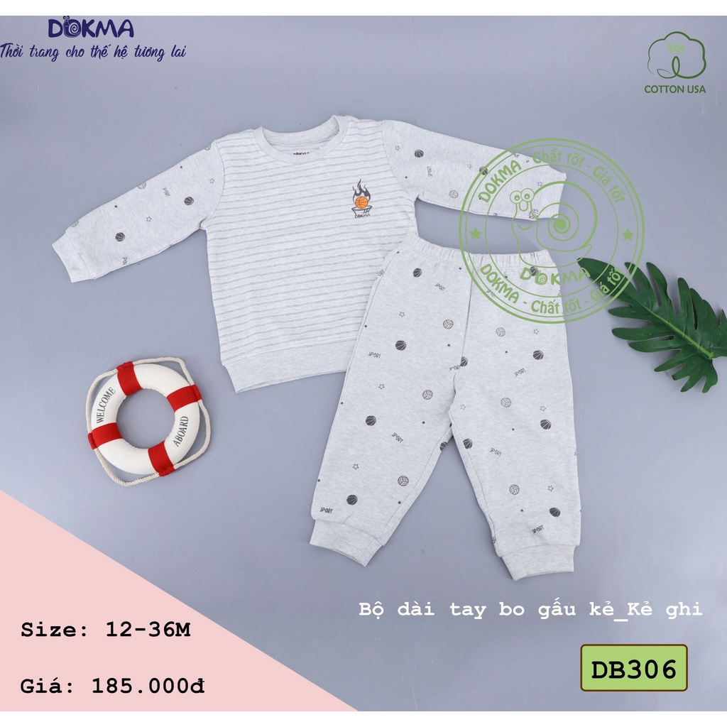 Dokma - Bộ nỉ dài tay chất cotton nỉ cho bé 12-36 tháng tuổi họa tiết kẻ nhỏ xinh DB306