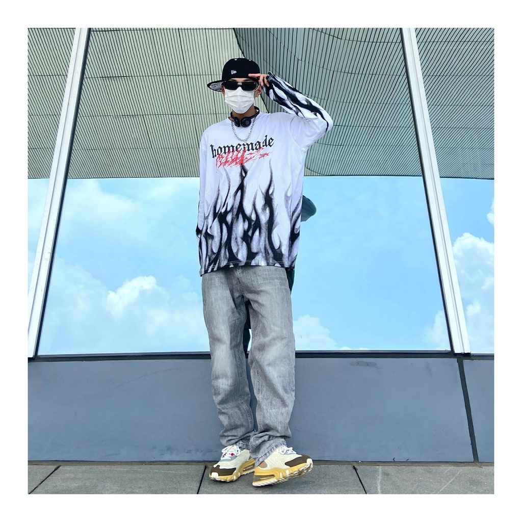 Áo thun tay dài in hình ngọn lửa phong cách đường phố Âu Mỹ cá tính cho nam và nữ