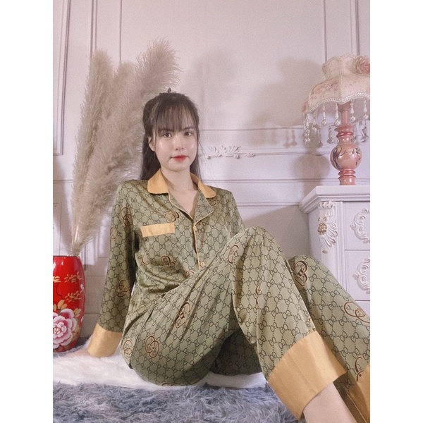 bộ pijama lụa qccc gucci xanh vàng | BigBuy360 - bigbuy360.vn