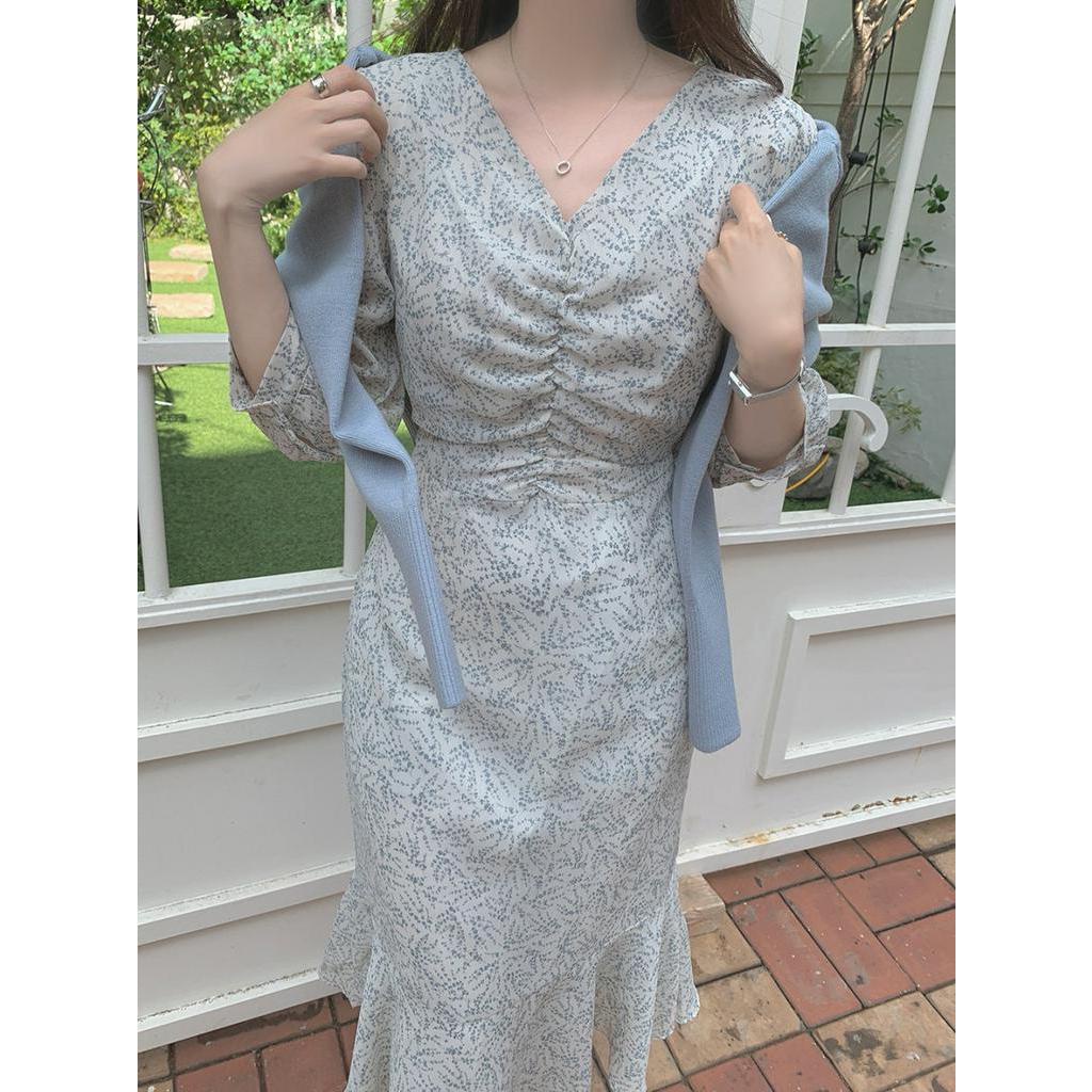 Đầm Voan Hoa Xếp Ly Cổ V Ngắn Tay Thời Trang Sành Điệu 63964