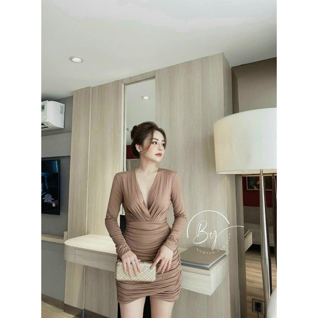 Đầm Body Vạt Chéo Nhún Tay Dài