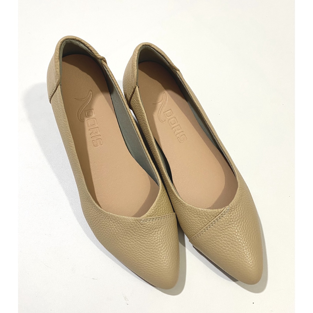 Giày búp bê đế xuồng 5cm ❤️FREESHIP❤️ da thật SIÊU BỀN mũi nhọn trơn màu kem DORIS DR504.