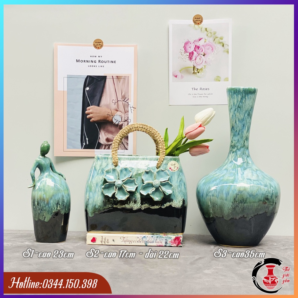 Bộ sản phẩm lọ cắm hoa, giỏ hoa, cô gái decor trang trí men hỏa biến, gốm Bát Tràng