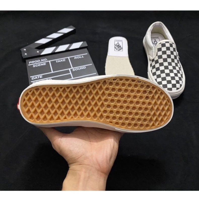 Giày Nam Nữ Vans Classic Lười Không Dây, Vans Caro Đen Trắng Full Box Bill