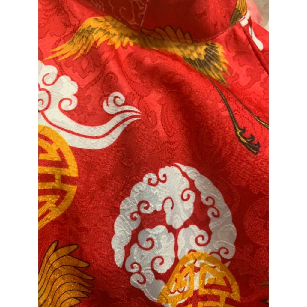 [KÈM QUẦN] Bộ áo dài gấm +quần họa tiết Hạc cho bé trai - ADCH
