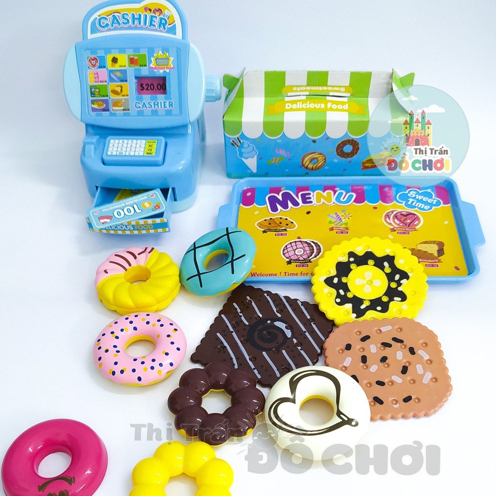 Bộ đồ chơi nấu ăn cửa hàng bánh donut, bánh quy kèm máy tính t.iền siêu thị dễ thương cho bé 832-32