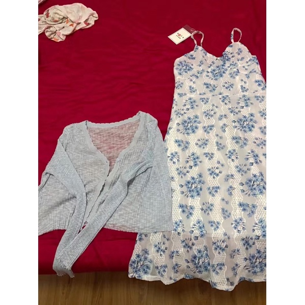 S2 Set Bộ Đầm 2 Dây Hoa Nhí Dáng Dài Và Áo Khoác Cardigan Mỏng