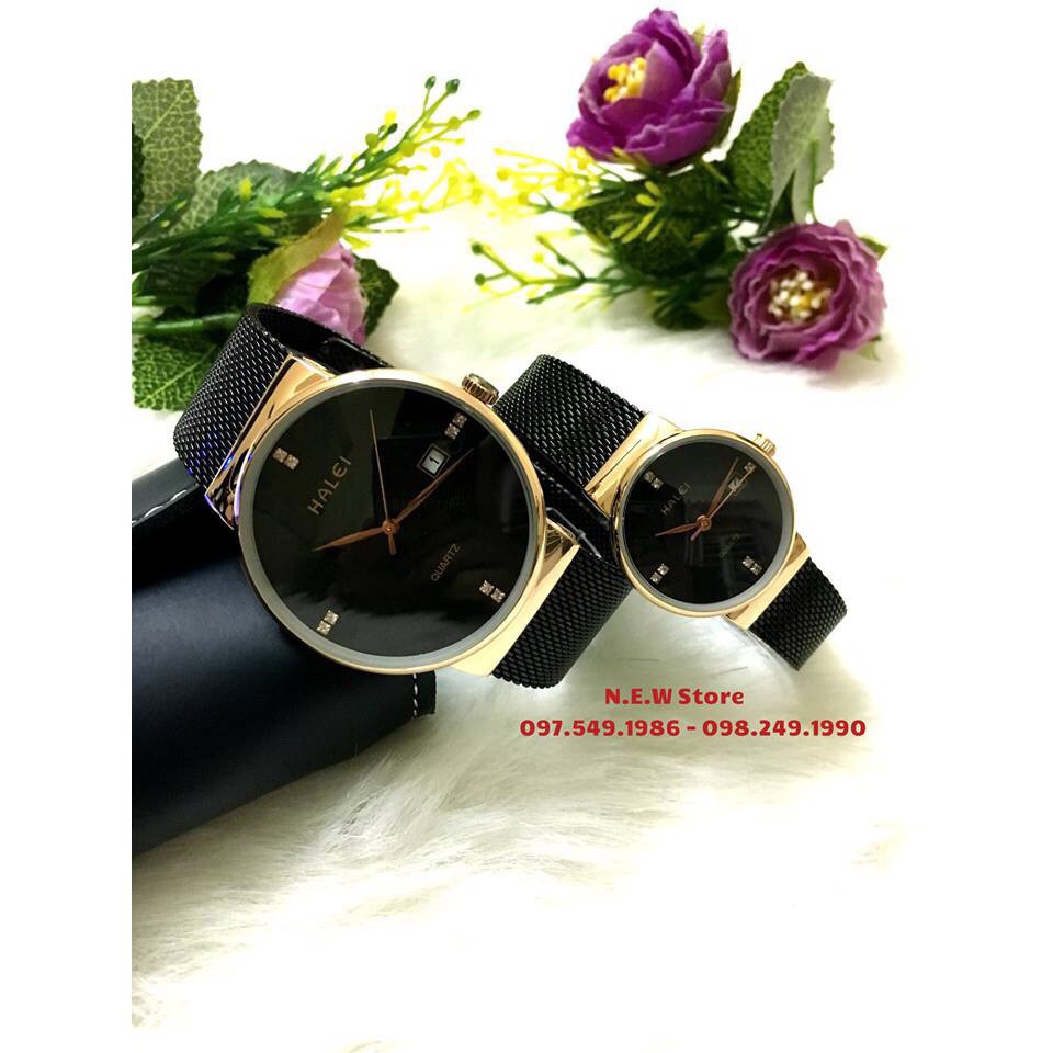 Đồng hồ cặp đôi dây thép lụa Halei Black gold
