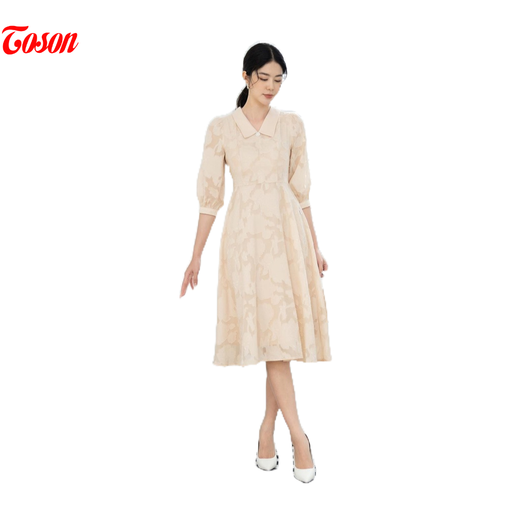 Đầm be da tơ thêu nổi, dáng xòe, cổ sen Toson 43952E82