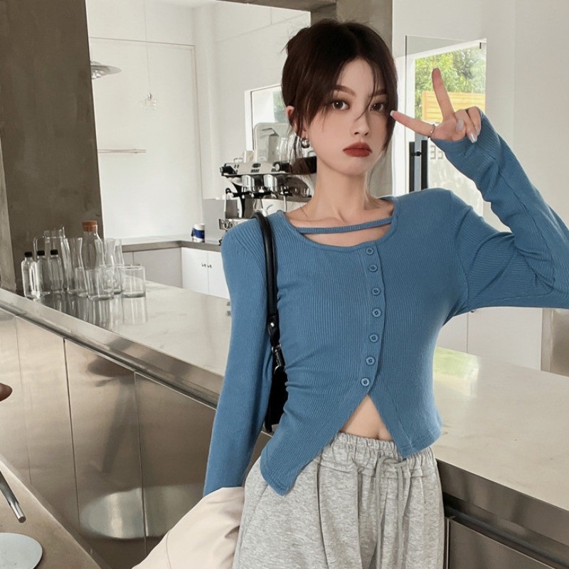 ZHELIHANGFEI Áo Len Tay Dài Lưng Cao Kiểu Dáng Sexy Hợp Thời Trang