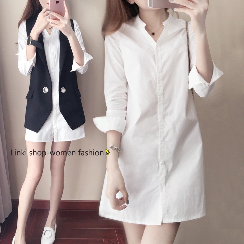Korean white dress long sleeved simple office women dress | BigBuy360 - bigbuy360.vn