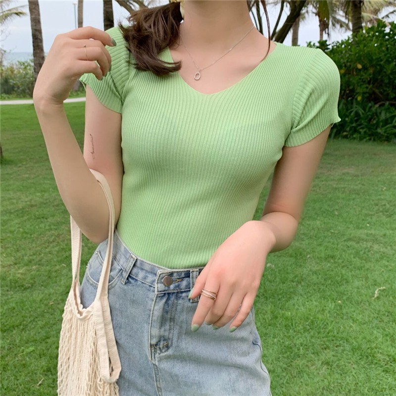 Áo Dệt Kim Ngắn Tay Cổ Chữ V Màu Trơn Thời Trang Dành Cho Nữ | BigBuy360 - bigbuy360.vn