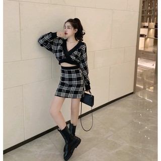 [Hàng order] [SẴN SIZE M][Có ảnh thât] Sét váy dạ kẻ sọc váy cao V34