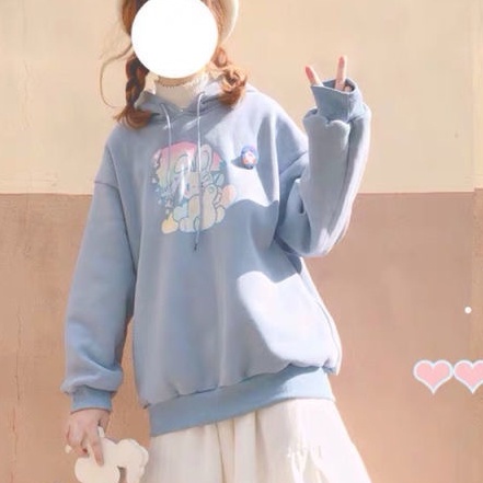 Áo hoodie ZHELIHANGFEI tay dài dáng rộng in hình thỏ cầu vồng phong cách preppy Nhật Bản