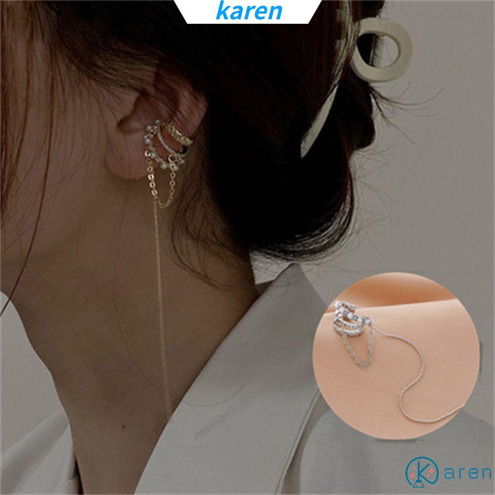 Khuyên Tai Dạng Kẹp Dáng Dài Nhiều Lớp Đính Ngọc Trai Zircon Phối Tua Rua Nhiều Màu Thời Trang Cho Nữ