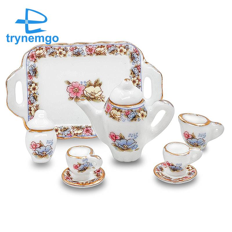 Bộ ấm trà bằng sứ mini trang trí nhà búp bê