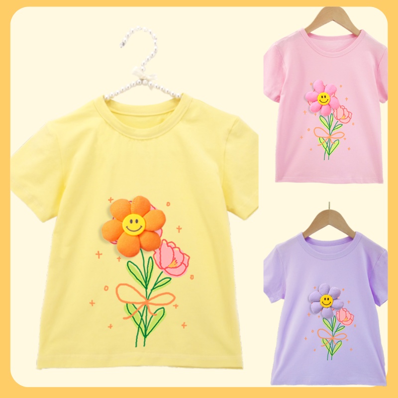Áo Thun Cotton Mỏng Mềm In Họa Tiết Hoa Mặt Cười 3D Thời Trang 2022 Cho Bé Gái