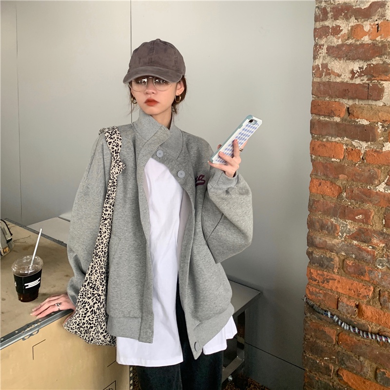 Áo khoác vải nỉ dày dặn dài tay cổ đứng thời trang Hàn Quốc dành cho nữ | BigBuy360 - bigbuy360.vn