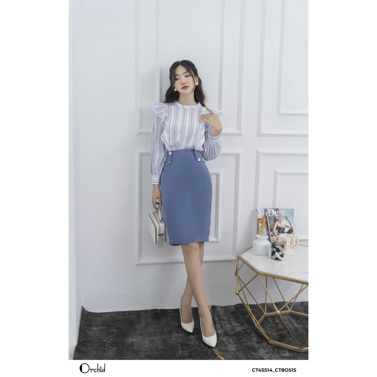 Áo sơ mi nữ dài tay kẻ xanh, Cổ tròn viền bèo cánh tiên - Vải thô cao cấp - Orchid CT4S514