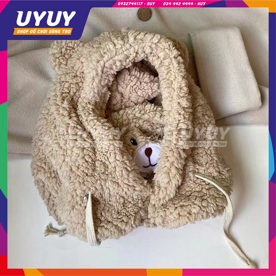 Mũ Lông Hình Gấu Bear Dễ Thương Trùm Đầu Kết Hợp Khẩu Trang