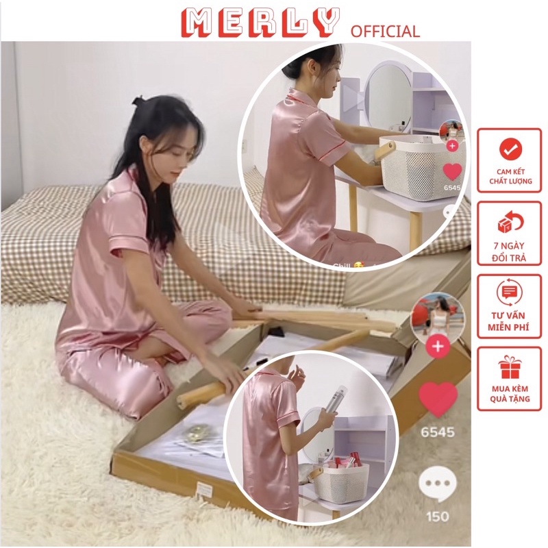 Đồ ngủ pijama lụa màu hồng trơn cộc tay không họa tiết