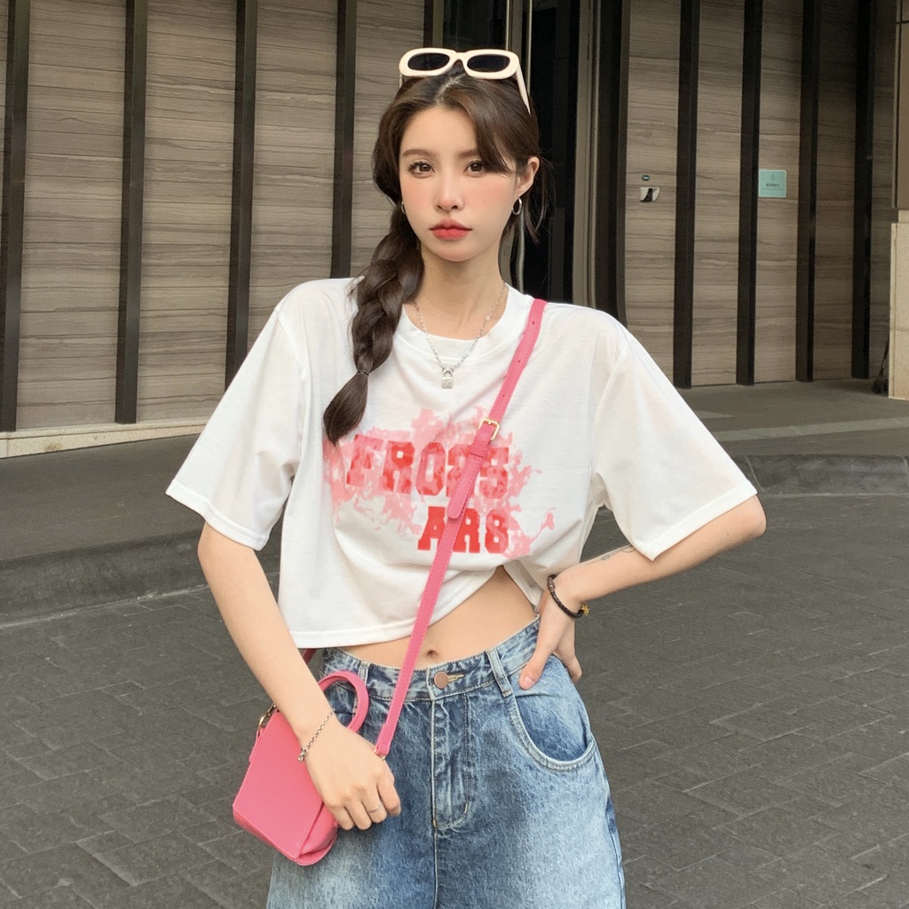 Áo Thun Croptop Ngắn Tay Cổ Tròn Form Ôm In Họa Tiết Phong Cách Hàn Quốc