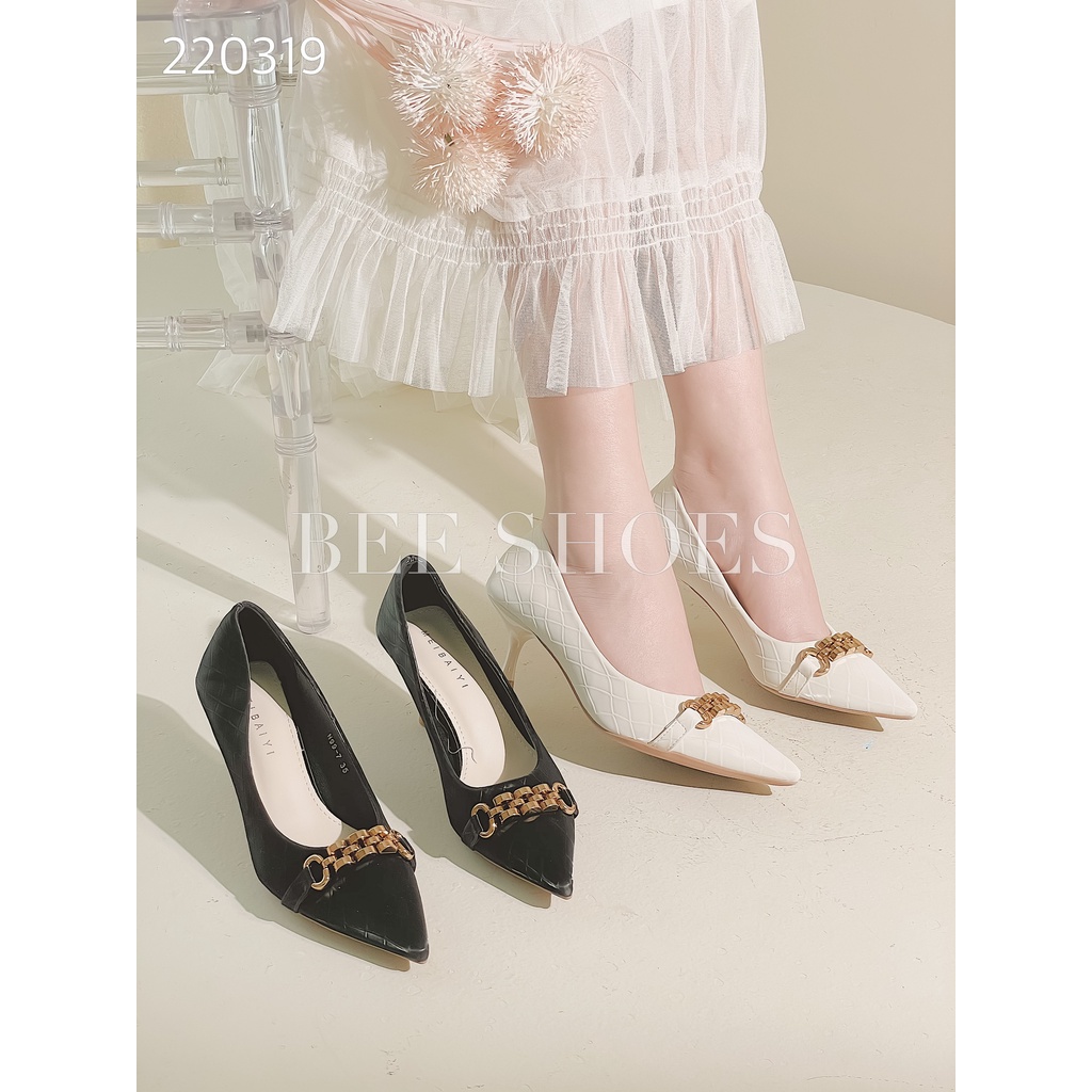 BEESHOES - GIÀY CAO GÓT NỮ MŨI NHỌN  - GIÀY CAO GÓT NỮ GÓT NHỌN CAO 7 PHÂN SẴN MÀU ĐEN - KEM 220319