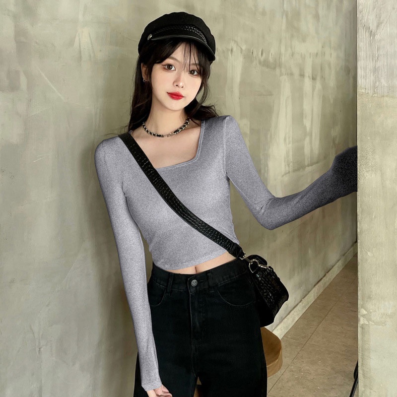 Áo thun YEYA cổ vuông dài tay hở rốn dáng ôm thời trang cho nữ