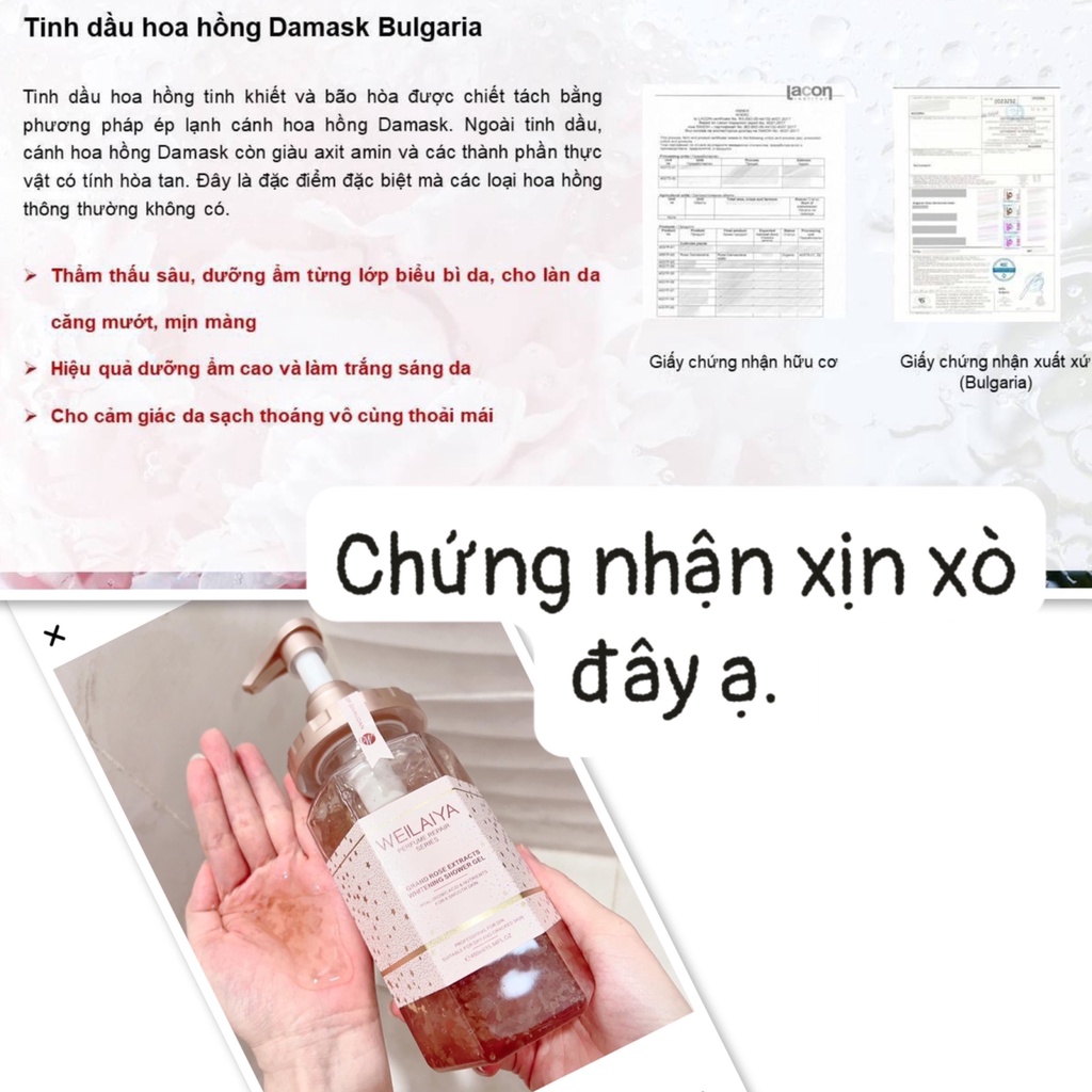 Sữa tắm trắng da Weilaiya cánh hoa hồng Damask 450ml