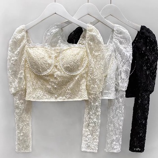 Áo ren cổ vuông cúc ngọc croptop