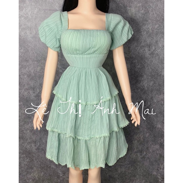 [ MÃ D817 ] Đầm tầng cổ vuông tay phồng thắt nơ sau