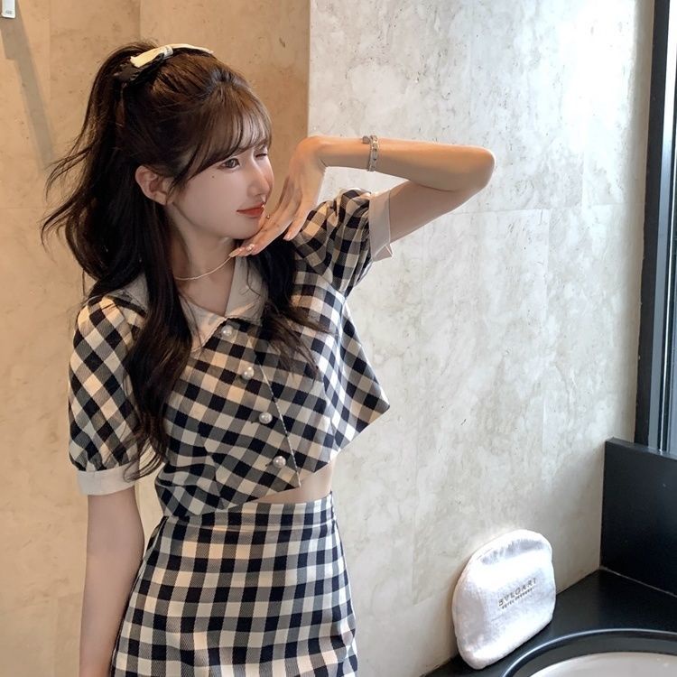 Set Áo Tay Ngắn Cổ Búp Bê Kẻ Sọc Caro + Chân Váy Ngắn Thời Trang Mùa Hè Phong Cách Mới Dành Cho Nữ 2022