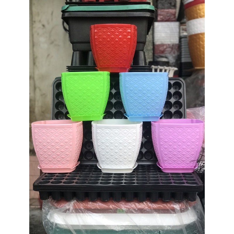 Combo 2 chậu nhựa kim cương có dĩa lót size 19cm