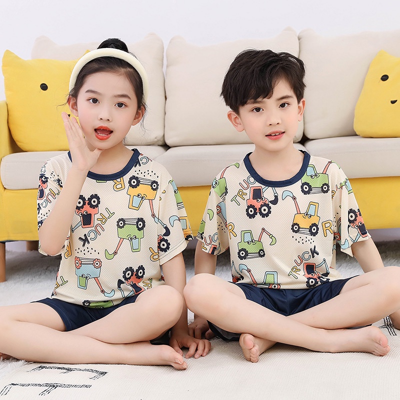 Bộ Đồ Ngủ Tay Ngắn Phối Lưới Rỗng Co Giãn Cao 100-170cm Thời Trang Hàn Quốc Cho Bé Trai Và Gái