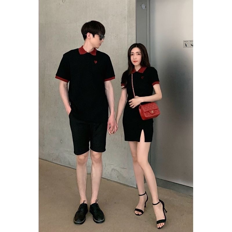 Set đồ đôi thuê hình trái tim trước ngực cổ polo thời trang KATE COUPLE
