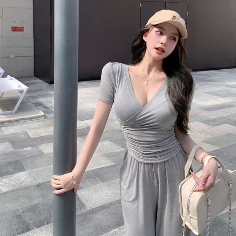 Đồ bộ nữ, set đồ bộ quần ống đứng và áo cổ tim ngắn tay nhúng 2 bên vải thun cotton lụa dẻo mềm mịn mát, đồ bộ mặc nhà