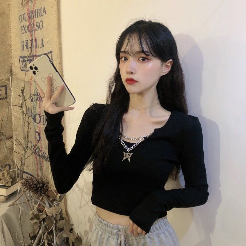Áo Thun Ngắn Tay Dài Màu Đen Phối Dây Xích Phong Cách Hàn Quốc Cho Nữ