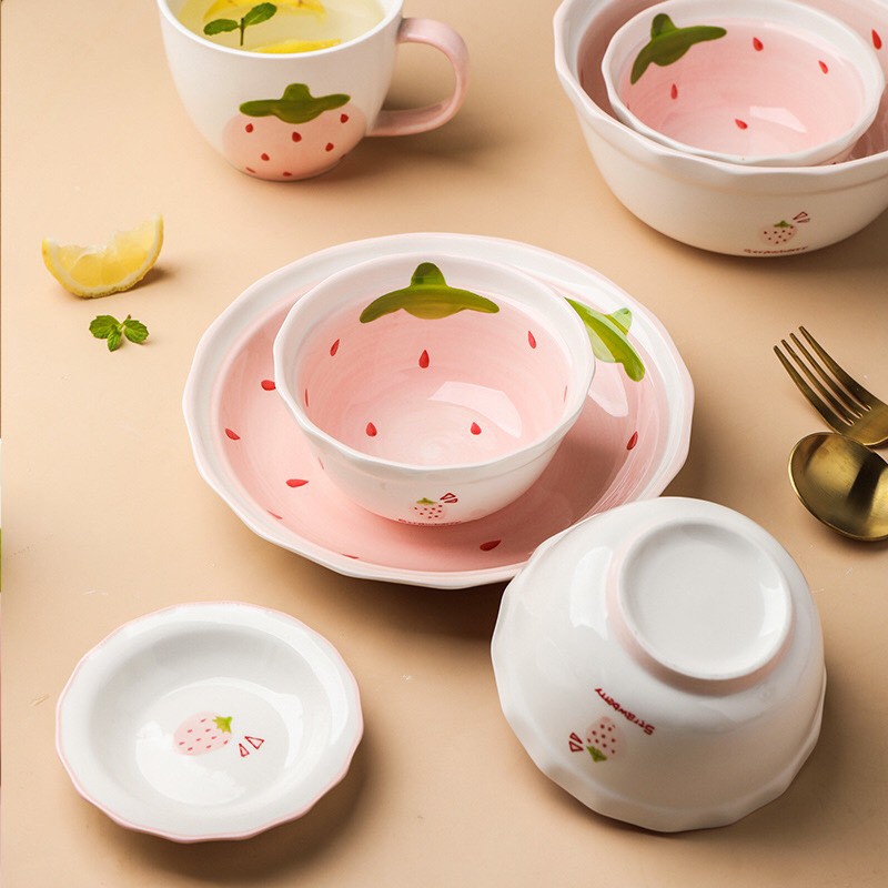 Bát Ăn Cơm 🥣 Bộ Bát Đĩa Sứ Dâu Hồng 🥣 Decor Chén Dĩa Dễ Thương Cute Cao Cấp B97