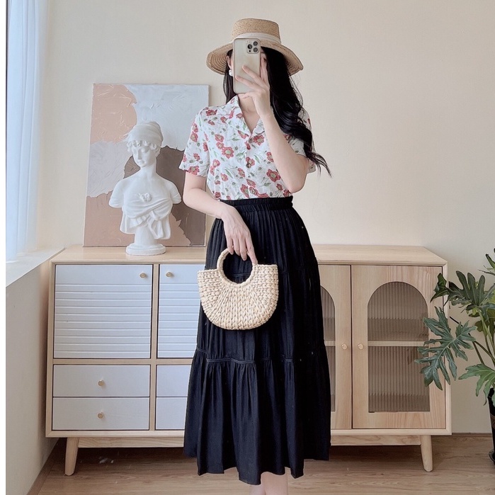 Chân váy cạp chun dài vải tằm xước co giãn mix áo phông áo sơ mi croptop siêu đẹp EvaClothes