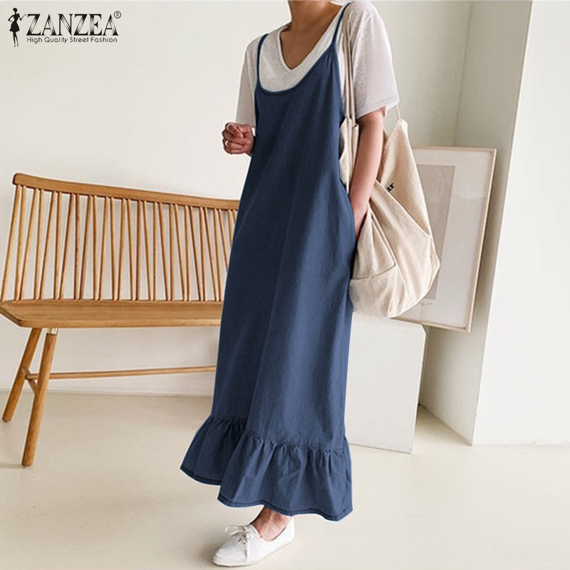 Váy maxi ZANZEA denim màu xanh lam thiết kế không tay có túi hai bên viền váy xếp ly cho nữ