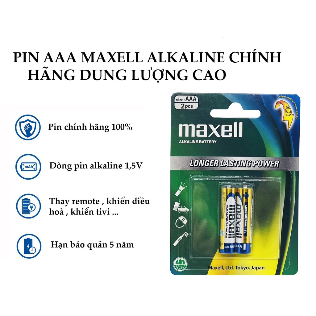 Pin Đũa AAA Maxell Alkaline LR03 vỉ 2 viên CHÍNH HÃNG (xanh)