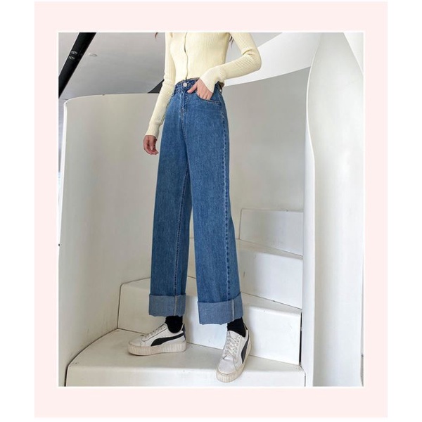 Quần Jean nữ ống rộng Ulzzang lưng cao phong cách Retro Jean xanh đậm [Có Bigsize]- TR01Đ