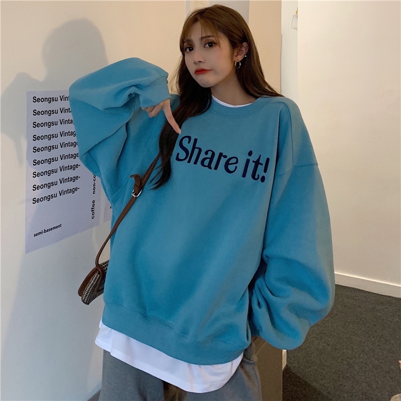 Áo nỉ dài tay cổ tròn dáng rộng in chữ thời trang