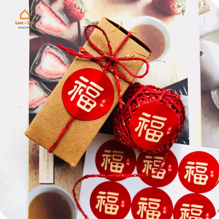 Set 12 miếng dán tròn 3.5cm màu đỏ may mắn trang trí hộp quà năm mới