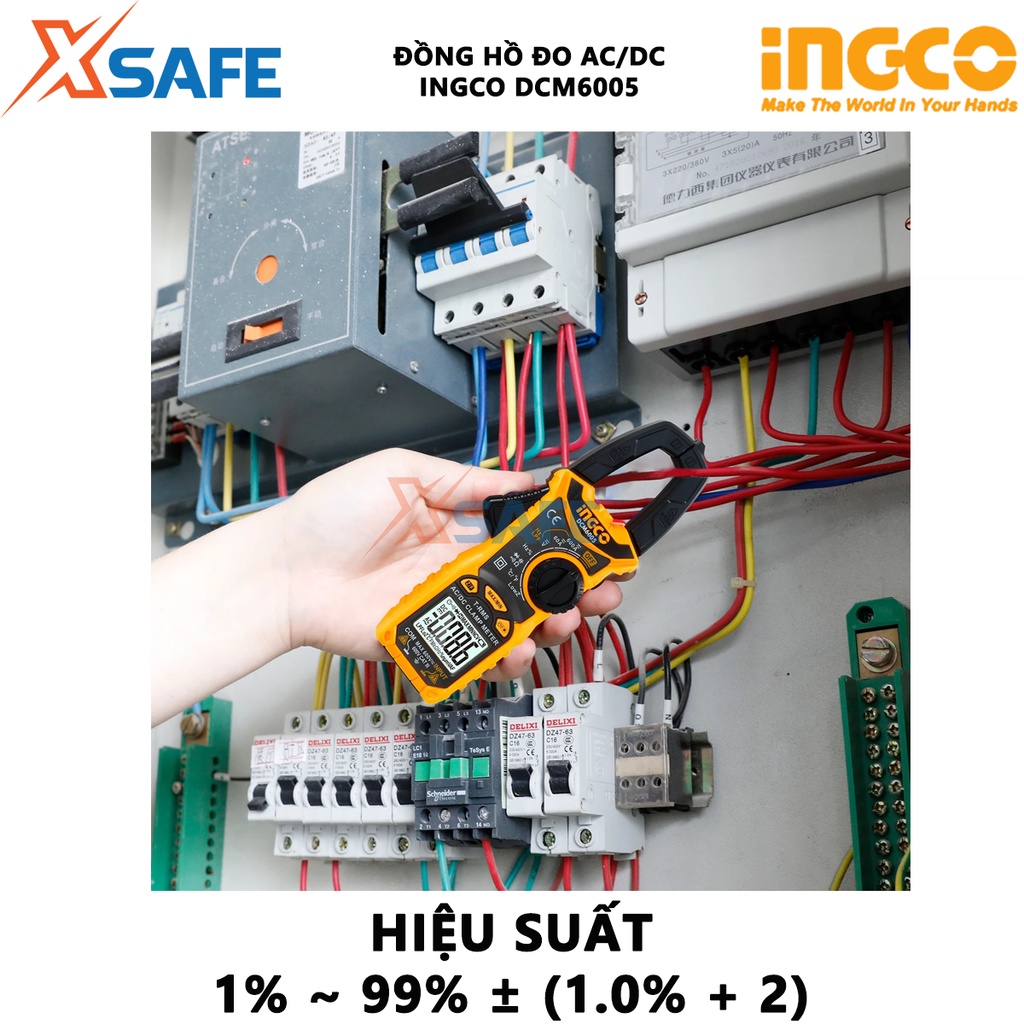 Đồng hồ kẹp AC/DC INGCO DCM6005 Ampe kìm 6000 số đếm, giữ dữ liệu, dòng điện một chiều 60A/600A - Chính hãng [XSAFE]
