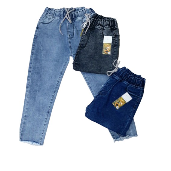 Quần jean baggy nữ vải co giãn cạp chun lưng thun tua lai