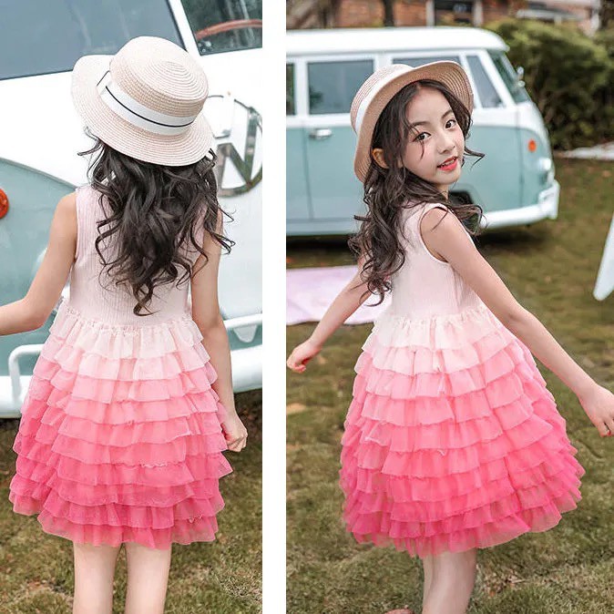 Váy ren hồng sát nách phối lưới nhiều tầng cho bé gái mặc xuân hè (N00656)