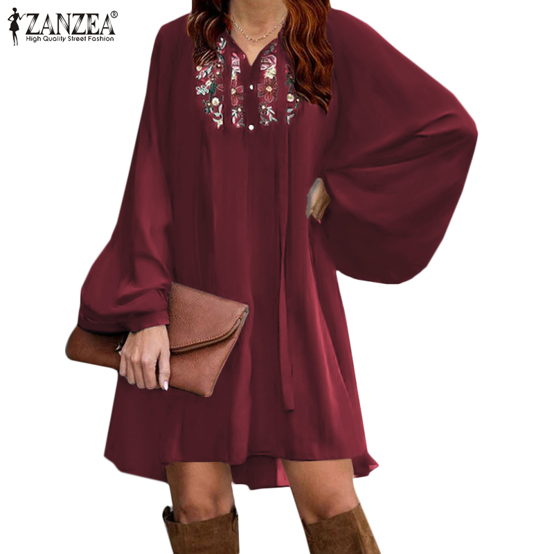 Đầm Nữ Cổ V Zanzea Dáng Rộng Thời Trang Thanh Lịch